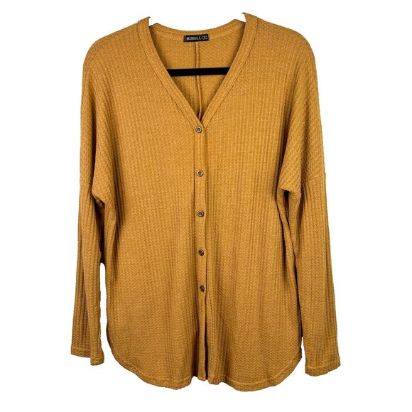 Miholl Tops - Miholl Rust Orange Gold Waffle Knit Thermal T Shirt Long Sleeves Button Front S